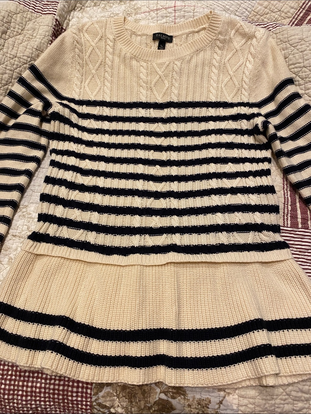 Talbots Cream & Navy Striped Cable-Knit Crewneck Sweater